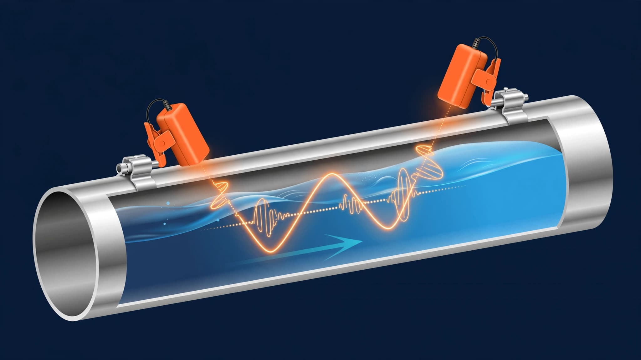 Clamp-on ultrasonic flow sensors transmitting signals through a liquid-filled pipe