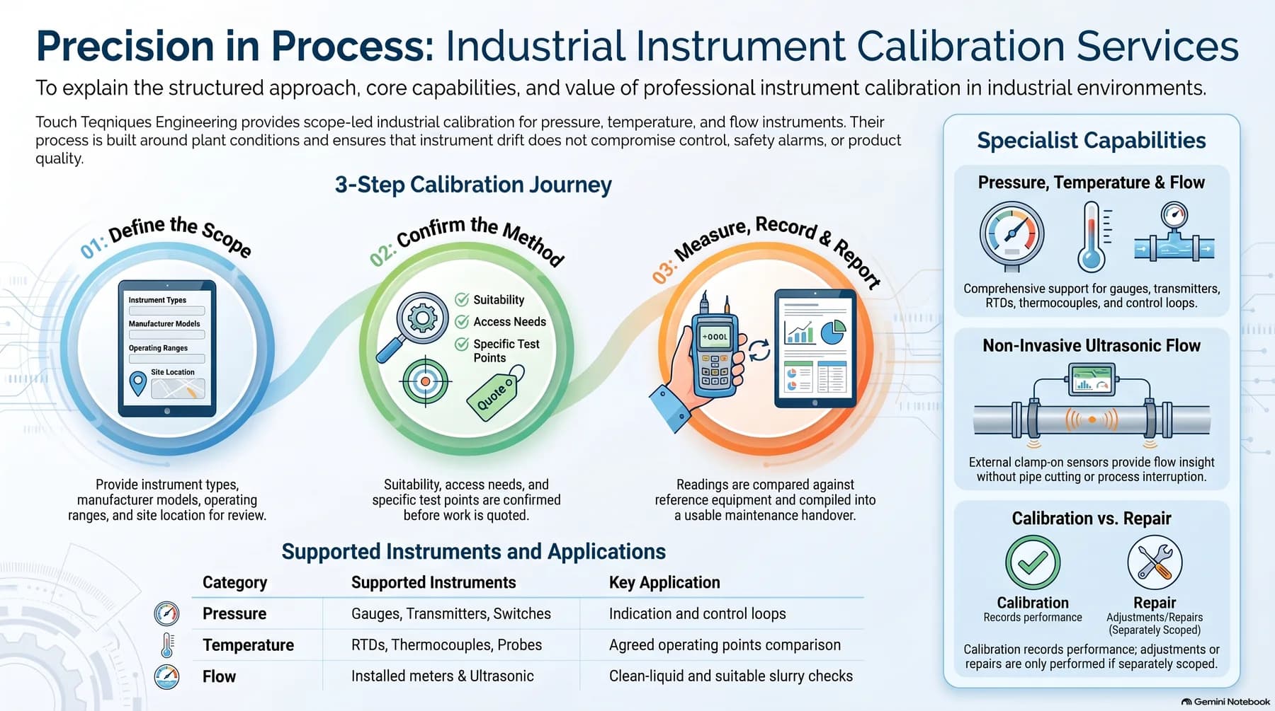 Infographic explaining the three-step industrial instrument calibration journey, supported instruments and ultrasonic flow capability